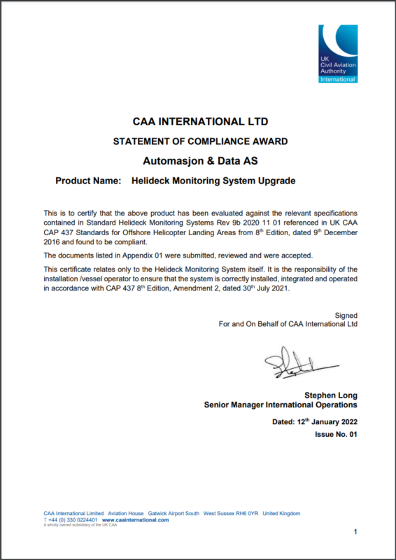 CAP437 Helideck Monitoring System Statement of Compliance fom UK CAA