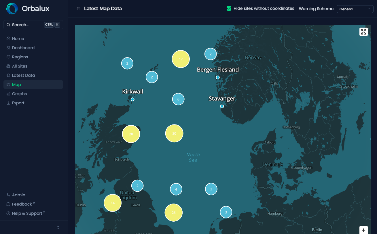 Orbalux cloud dashboard showing multi-asset map view